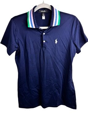 Ralph Lauren RLX Golf Navy Polo Ribbed Knit Striped Collar Tennis Prep